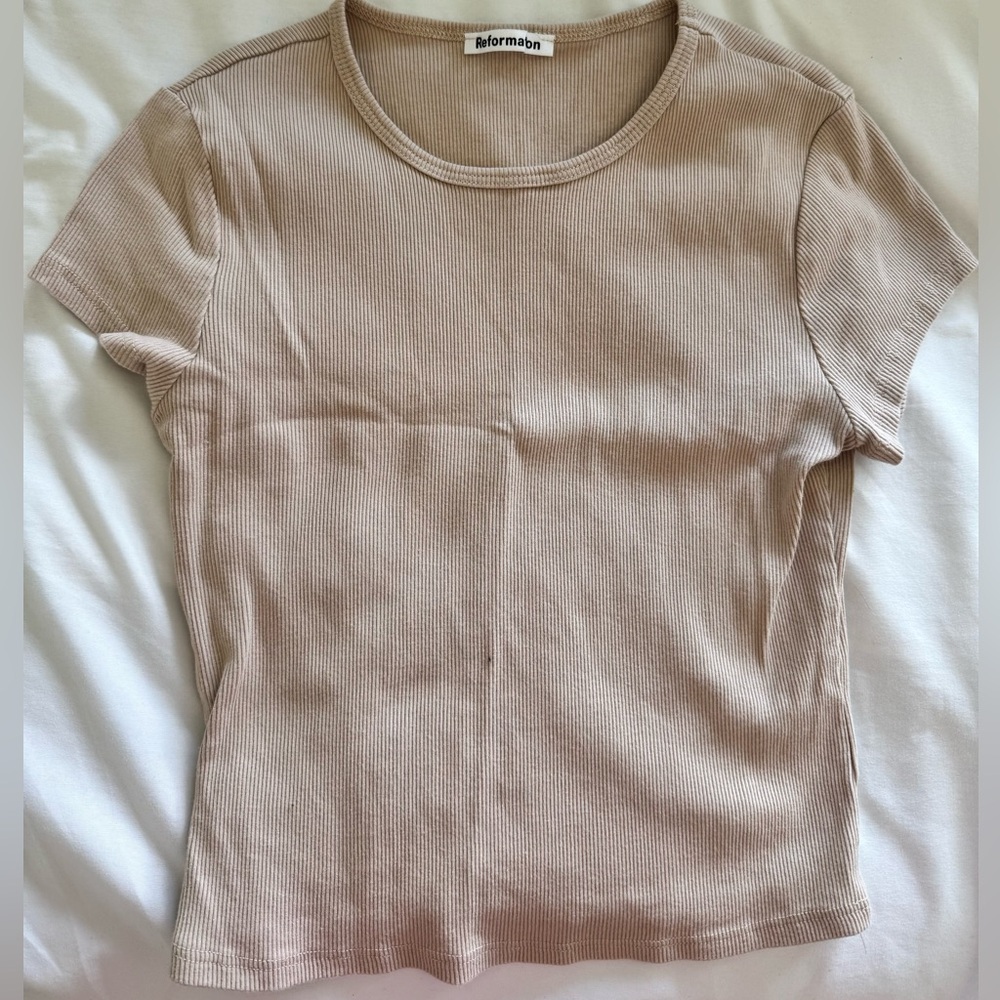 Reformation Tan Ribbed Short Sleeve Top